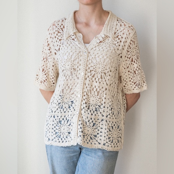 Crochet-Inspired Lace Button Collared Shirt in Cream - Picture 1 of 6